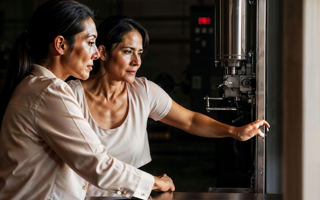 Foto di una donna imprenditrice che lavora in fabbrica con macchina e intelligenza artificiale generativa del lavoratore