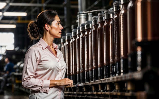 Foto di una donna imprenditrice che lavora in fabbrica con macchina e intelligenza artificiale generativa del lavoratore