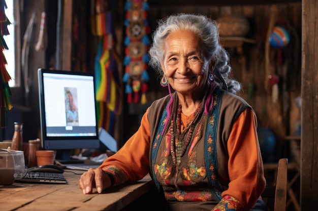 Foto di una donna latina anziana che usa il computer