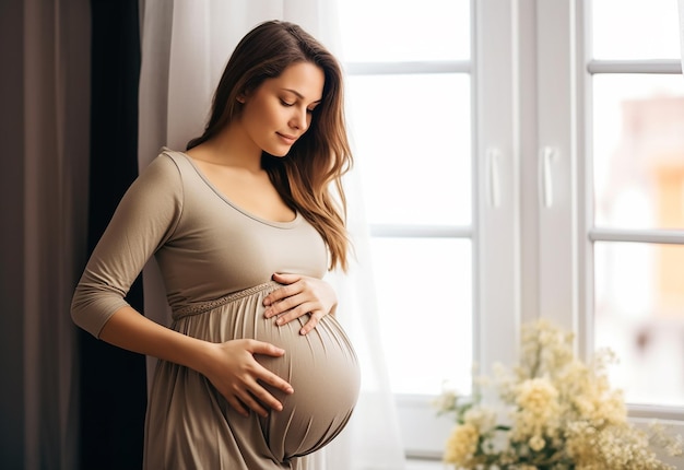 Foto di una donna madre incinta carina e felice che si tocca la pancia