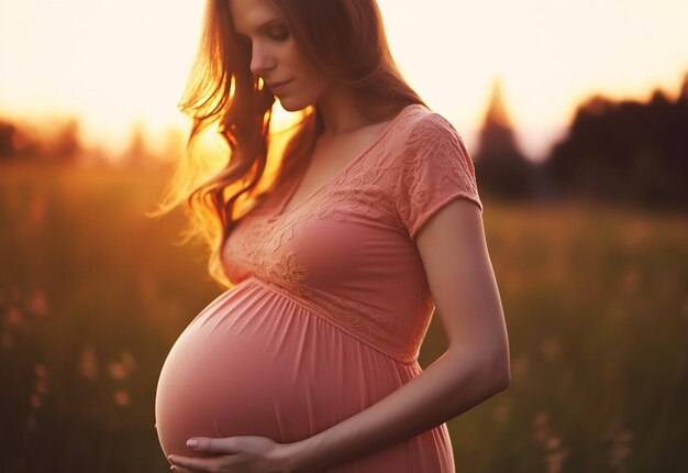 Foto di una donna madre incinta carina e felice che si tocca la pancia