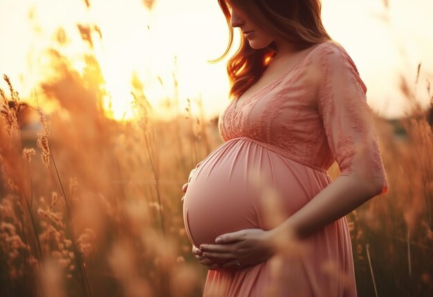 Foto di una donna madre incinta carina e felice che si tocca la pancia