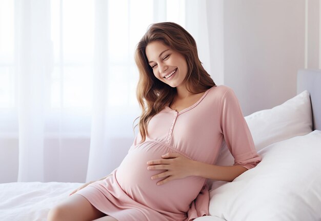 Foto di una donna madre incinta carina e felice che si tocca la pancia