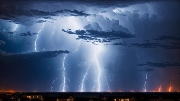 Foto di una drammatica tempesta di fulmini che illumina il cielo notturno di una città vivace