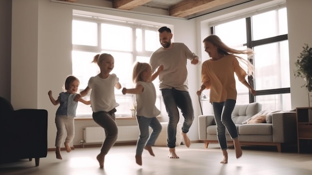 Foto di una famiglia felice che gioca in casa