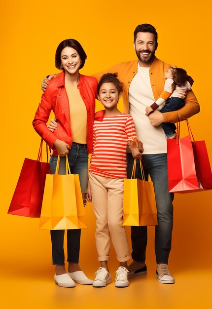 Foto di una famiglia felice sorridente che fa shopping insieme