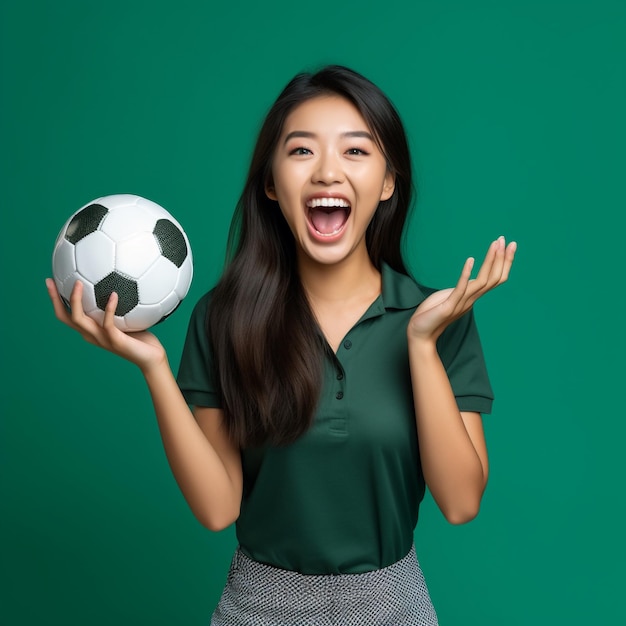 foto di una fan di sport eccitata che tiene una palla davanti a un muro verde