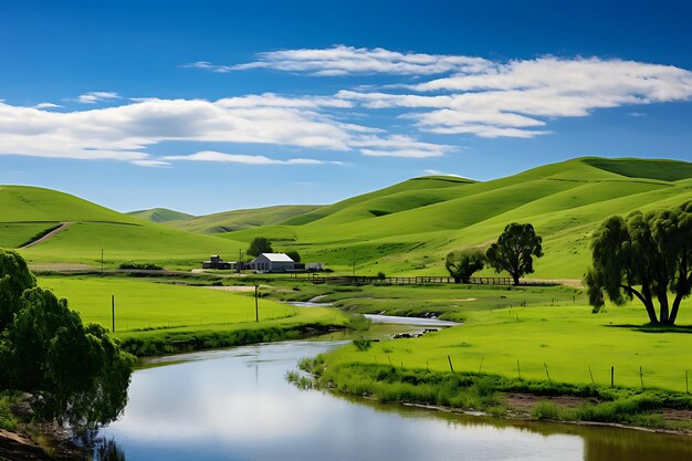 Foto di una fattoria tranquilla con colline e paesaggi pacifici