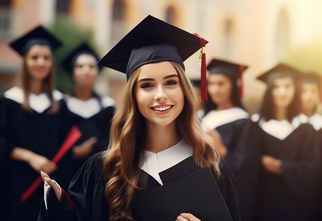 Foto di una felice squadra di laureati con cappello di laurea e diploma