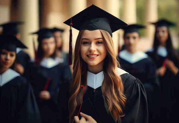 Foto di una felice squadra di laureati con cappello di laurea e diploma