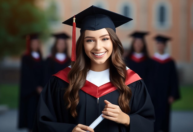 Foto di una felice squadra di laureati con cappello di laurea e diploma