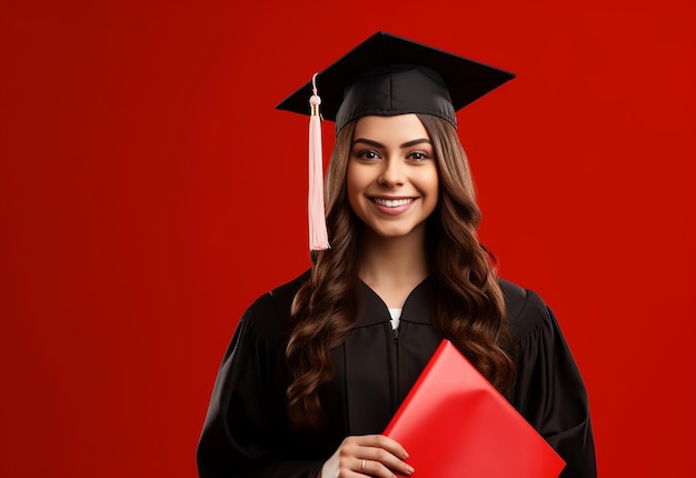 Foto di una felice squadra di laureati con cappello di laurea e diploma