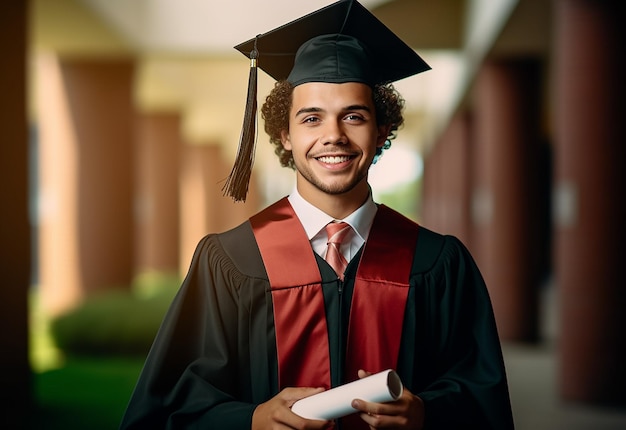 Foto di una felice squadra di laureati con cappello di laurea e diploma