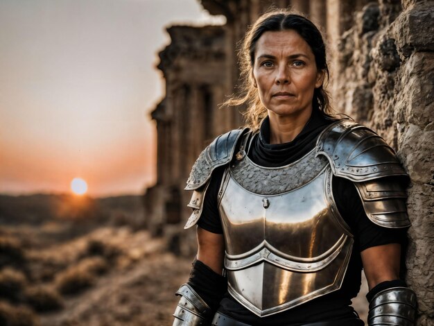 foto di una forte antica donna guerriera senior con un'armatura romana macchiata di IA generativa