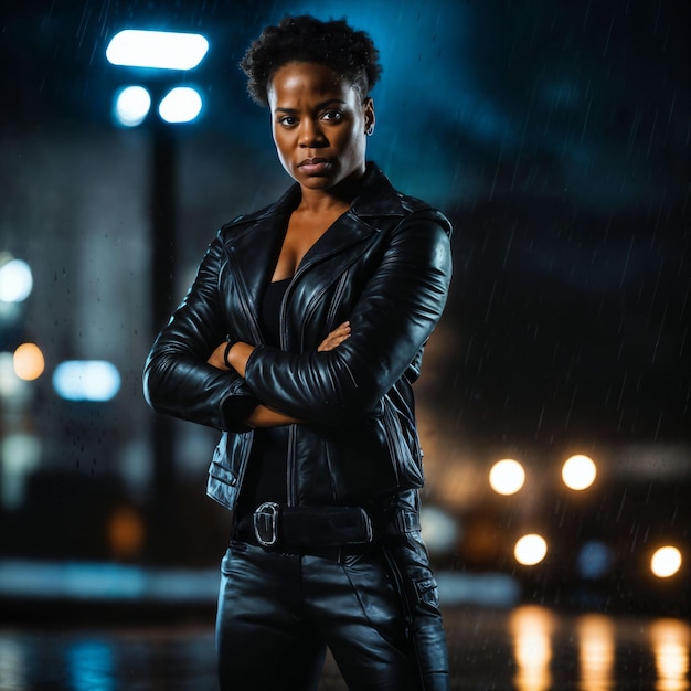 foto di una forte donna africana con un abito di pelle nera sotto una forte pioggia notturna con intelligenza artificiale generativa