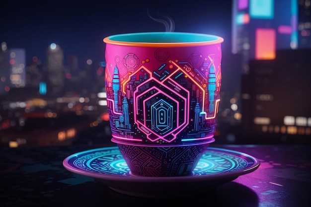 Foto di una futuristica tazza al neon cyberpunk