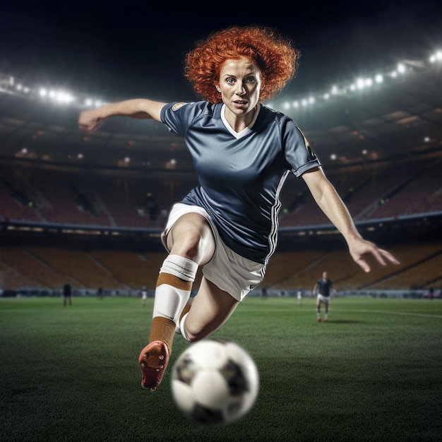 Foto di una giocatrice di calcio femminile che calcia la palla allenandosi in azione e in movimento