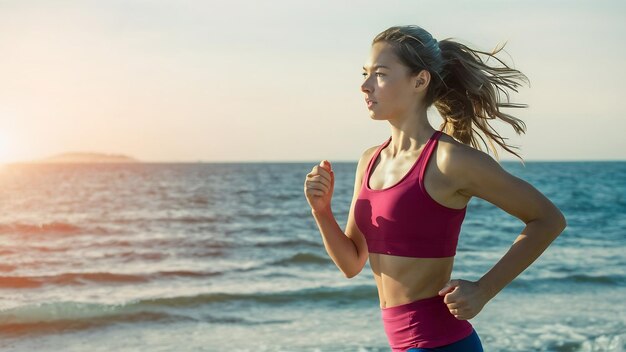 Foto di una giovane donna attraente in fitness che fa jogging con il mare sulla parete