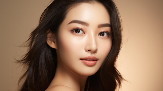 Foto di una giovane donna bellissima con una cosmetologia del viso dalla pelle perfetta generata dall'intelligenza artificiale