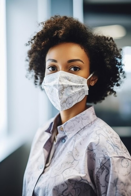 Foto di una giovane donna che indossa una maschera al lavoro