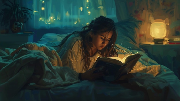 Foto di una giovane donna che legge accanto alla lampada del letto