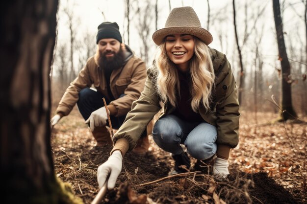 Foto di una giovane donna che si diverte con il suo ragazzo mentre pianta alberi