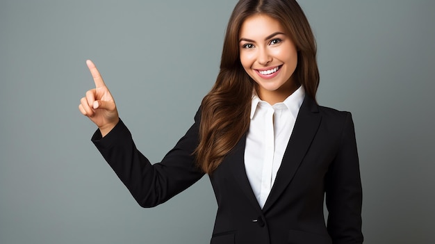 Foto di una giovane donna d'affari professionale che punta il dito a lato