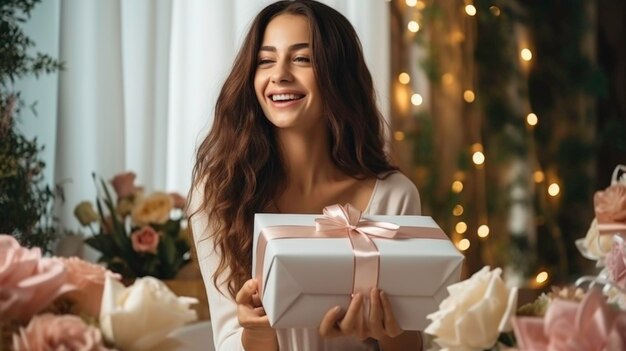 Foto di una giovane donna interessante che apre un regalo davanti a un portatile