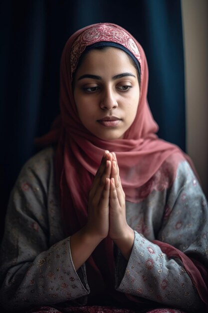 Foto di una giovane donna musulmana seduta in posizione di preghiera a casa