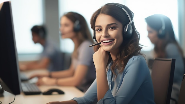 Foto di una giovane ragazza che lavora come assistenza clienti con un sorriso