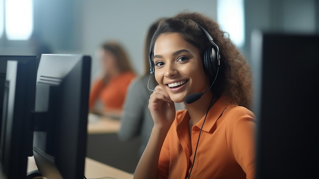 Foto di una giovane ragazza che lavora come assistenza clienti con un sorriso