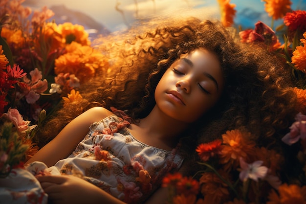 foto di una graziosa ragazza latina che dorme in un ambiente fiorito