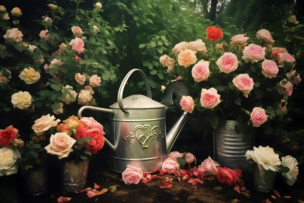 Foto di una lattina d'irrigazione d'epoca in mezzo a rose in fiore Flower Garden