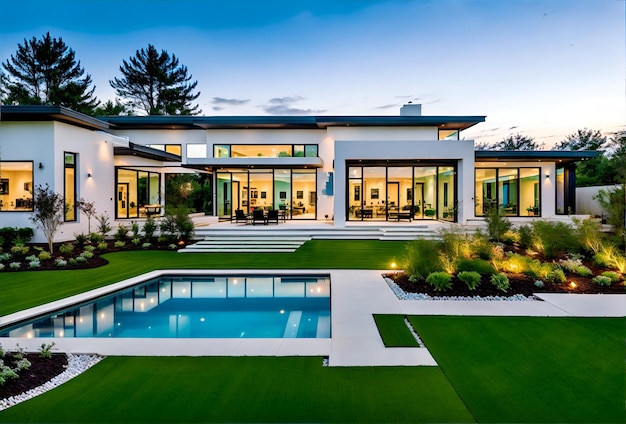 Foto di una lussuosa casa bianca con una splendida piscina in primo piano