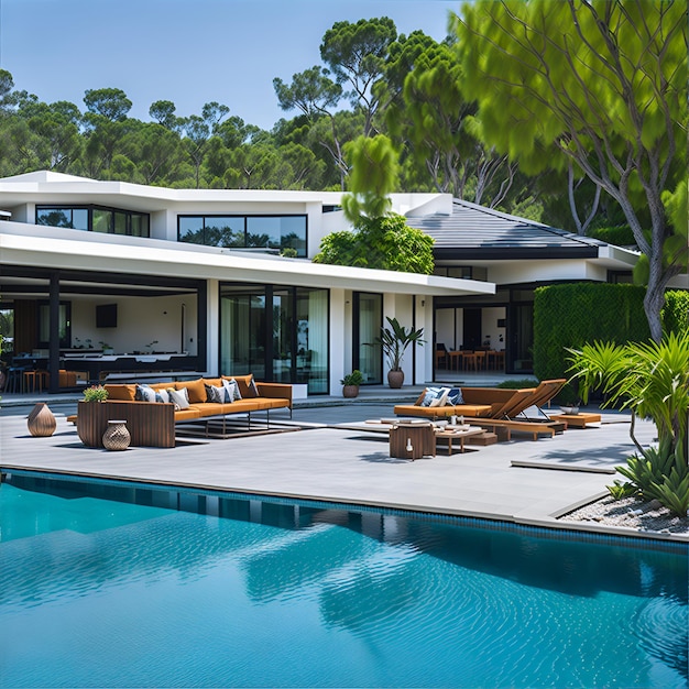 Foto di una lussuosa casa moderna con una splendida piscina nella parte anteriore