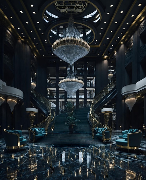 Foto di una lussuosa hall con uno splendido lampadario e comodi divani blu