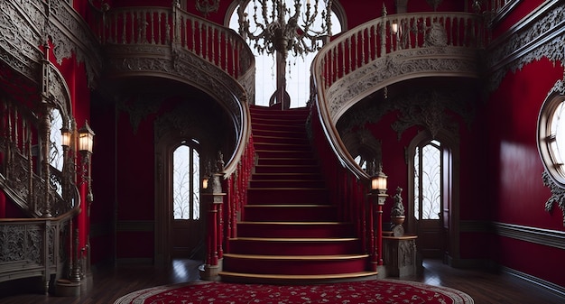 Foto di una lussuosa scalinata rossa con elegante lampadario e moquette