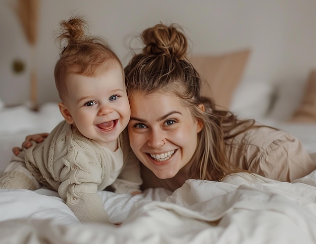 Foto di una madre e un bambino che ridono insieme sul letto
