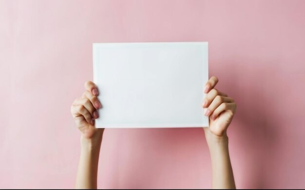 Foto di una mano tagliata che tiene una carta bianca su uno sfondo rosa