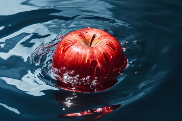 Foto di una mela fresca lasciata cadere in acqua cristallina che crea onde AI generativa