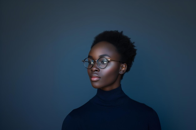 Foto di una modella su uno sfondo minimalista una carismatica giovane afroamericana moderna che indossa occhiali