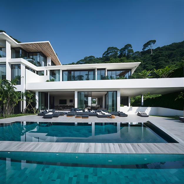 Foto di una moderna villa bianca con una bellissima piscina e passerella