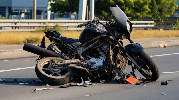 Foto di una moto danneggiata dopo un incidente sull'autostrada