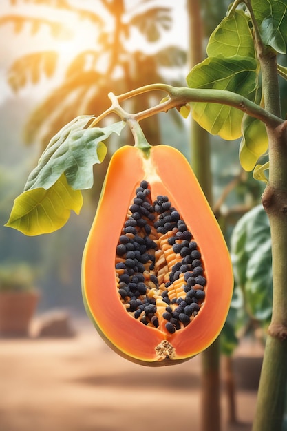 foto di una papaya attaccata a un ramo con uno sfondo sfocato