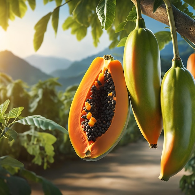 foto di una papaya attaccata a un ramo con uno sfondo sfocato