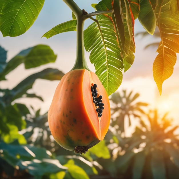 foto di una papaya attaccata a un ramo con uno sfondo sfocato