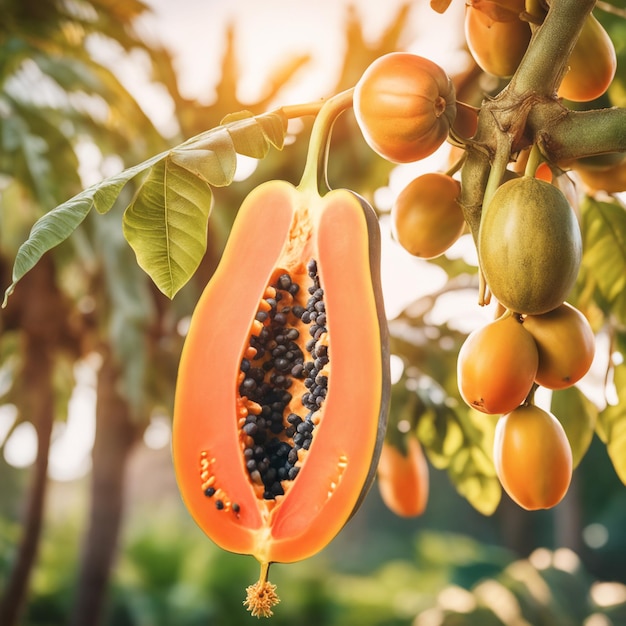 foto di una papaya attaccata a un ramo con uno sfondo sfocato