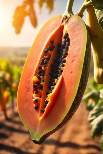 foto di una papaya su una terra agricola con uno sfondo sfocato