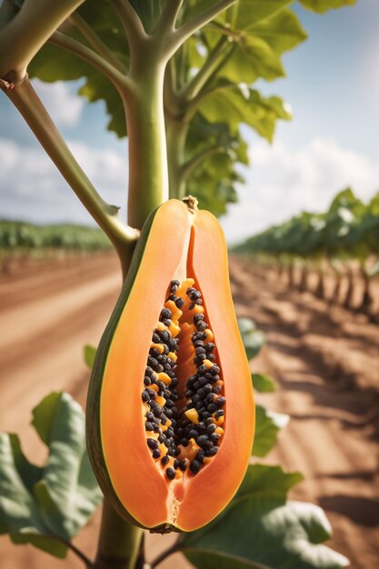 foto di una papaya su una terra agricola con uno sfondo sfocato