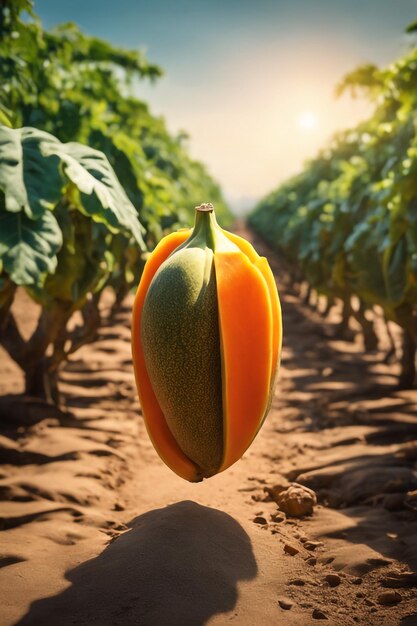 foto di una papaya su una terra agricola con uno sfondo sfocato